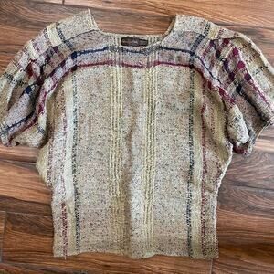 Rebecca Jane Noble Wearable Art Hand Woven Short Sleeve Top Tan Burgundy‎ Blue
